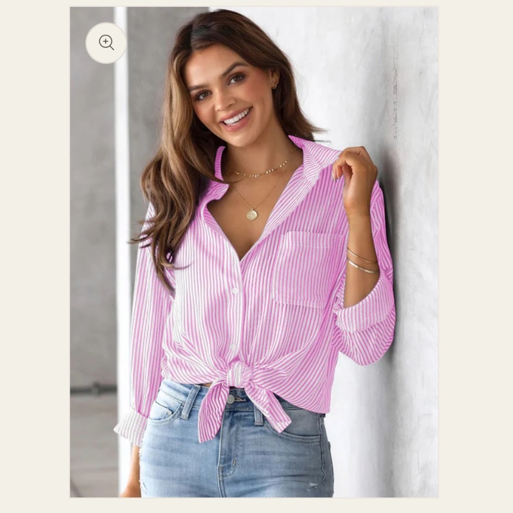 Pink White Stripe Button-down Blouse Shirt L NWT